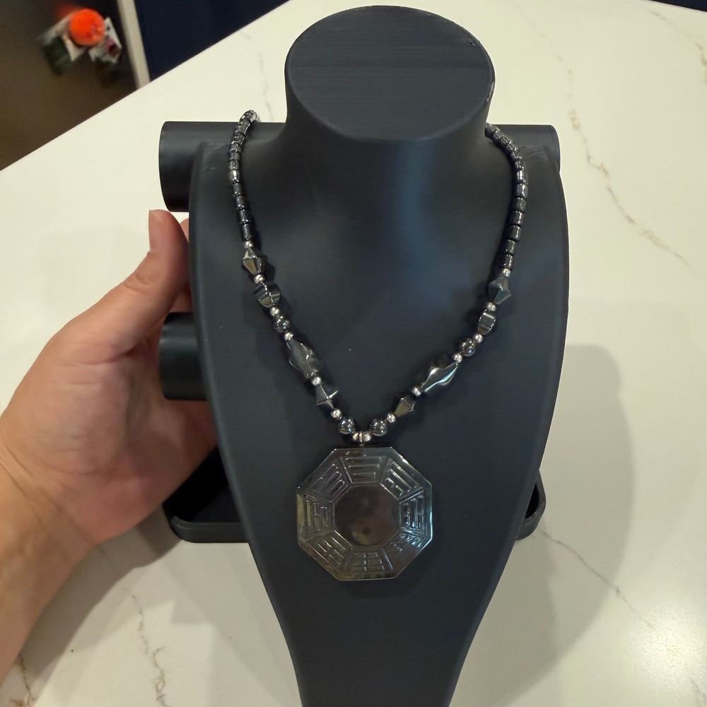 Gothic Spiritual Hematite Look Yin Yang Bagua Pendant Beaded Necklace
